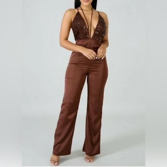 Miss Avenue brown sequins open back jumpsuit - Picture 2 of 15
